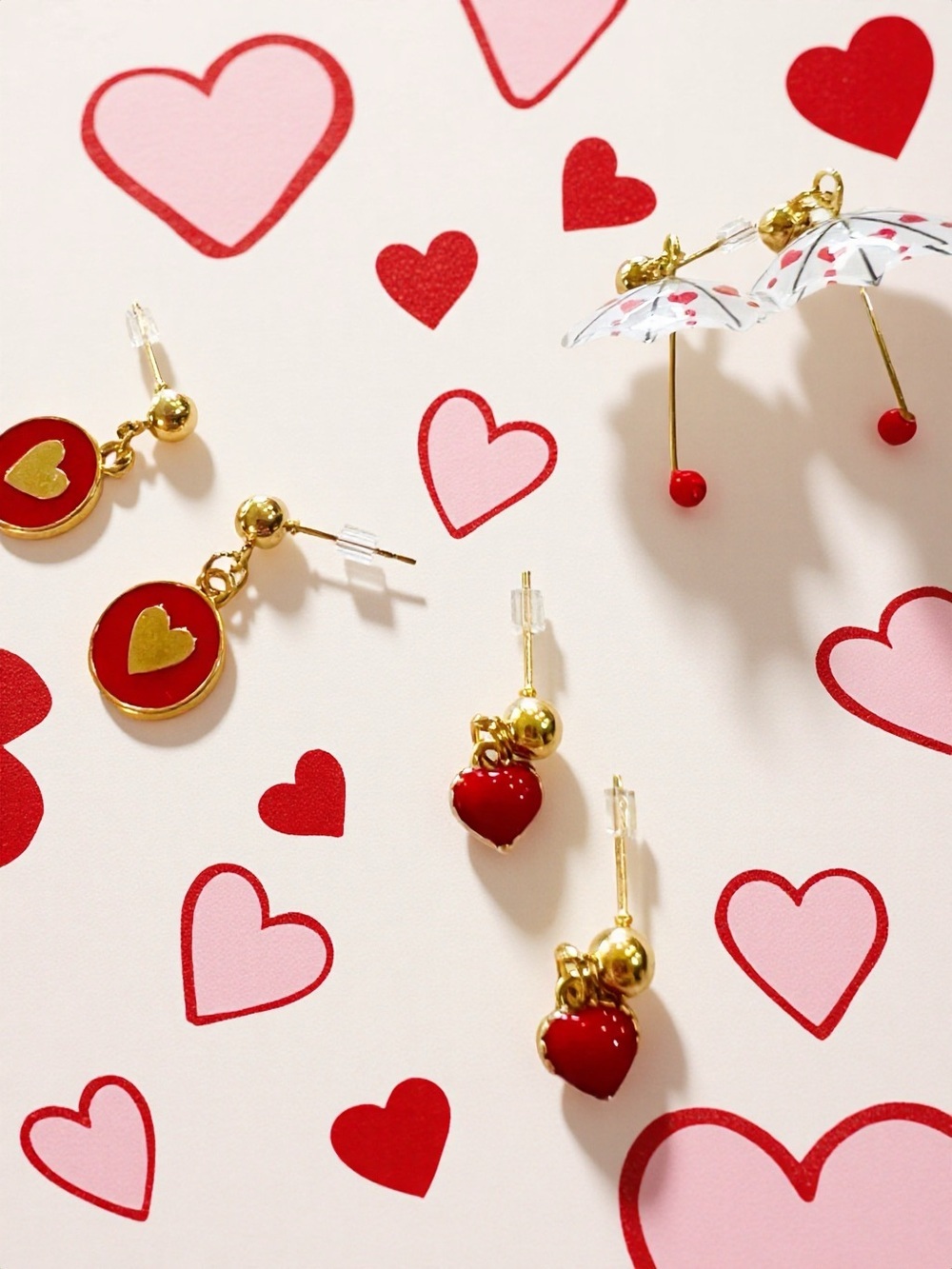 Teeny Tiny Umbrella Gold-Tone Red Hearts and Hearts Drop Earring Set of 3 - Picture 10 of 16